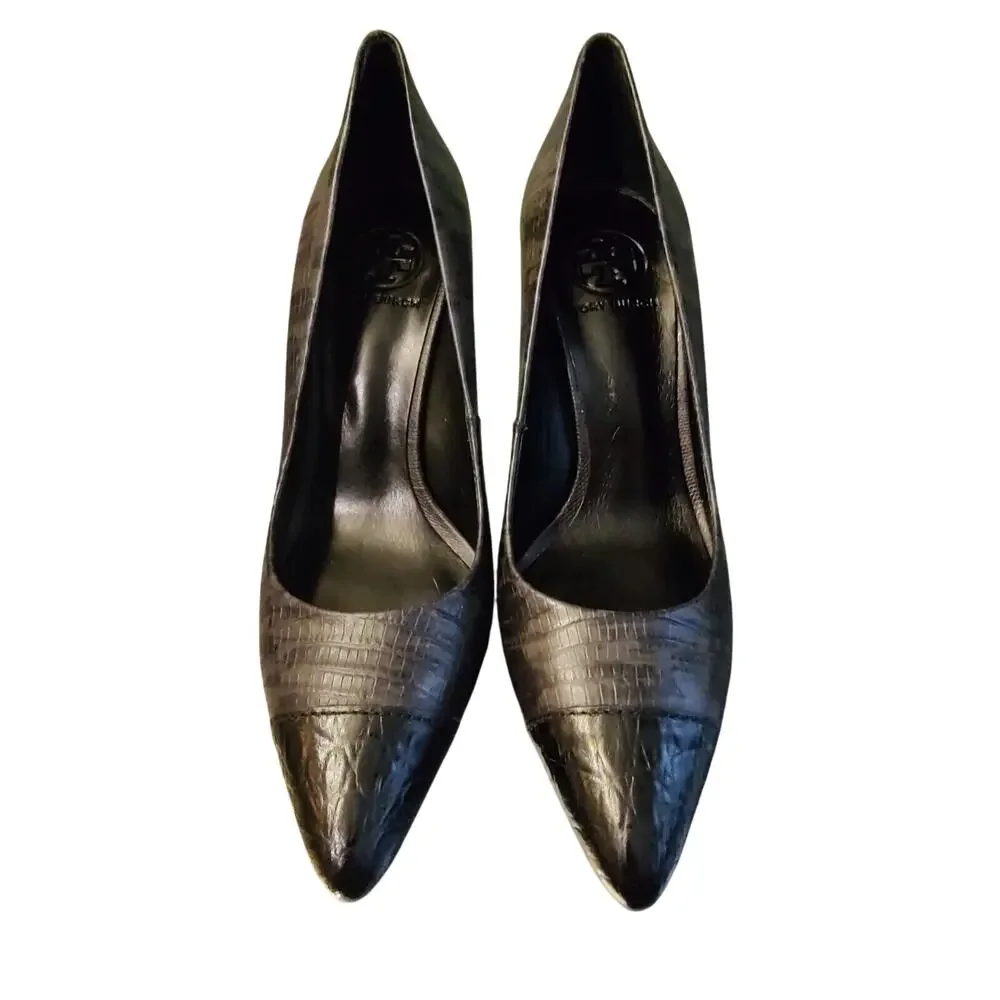 TORY BURCH Lizard Print Leather Cap Toe Gray/Black Pumps Heels‎ NEW 7 1/2